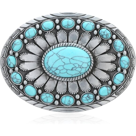 Men's White-Grey Vintage American Western Cowboy Turquoise Stone Belt Buckle - Picture 1 of 6